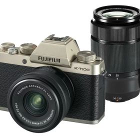 【中古】FUJIFILM ミラーレス一眼 X-T100ダブルズームレンズキット シャンパンゴールド X-T100WZLK-G